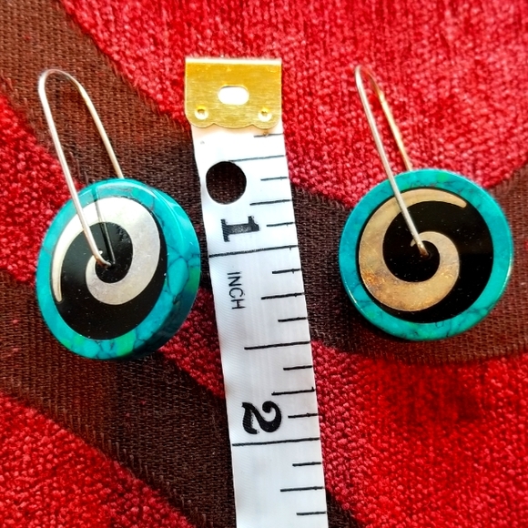 Victoria Varga Spinning Pinwheel Silver, Turquoisr & Black Hanging Earrings - Picture 4 of 9